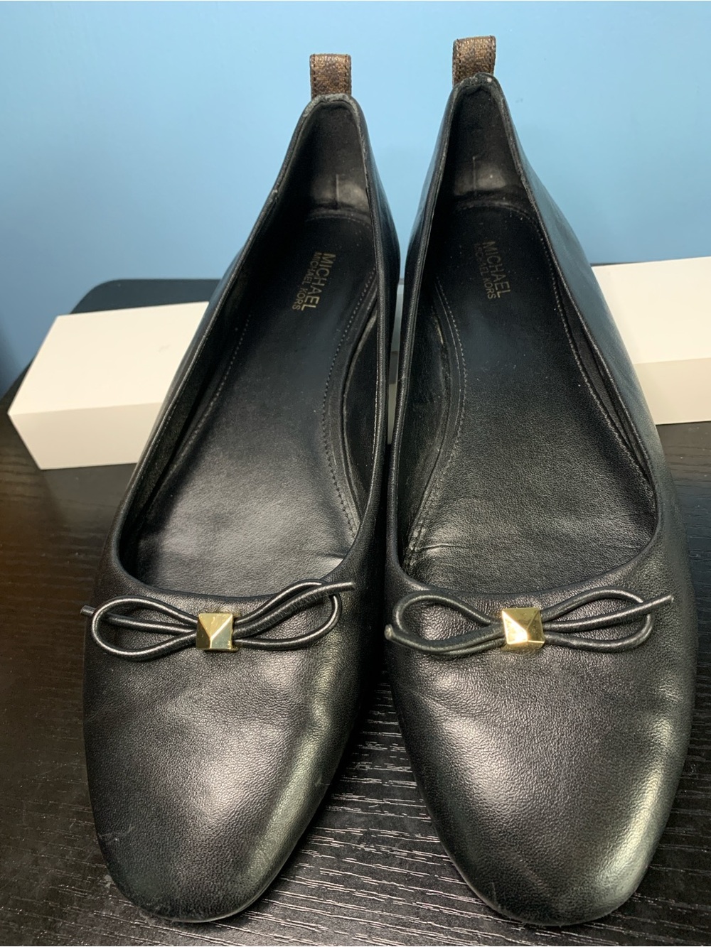 Michael Kors Black Leather Ballet Flats with Gold Stud Detail
